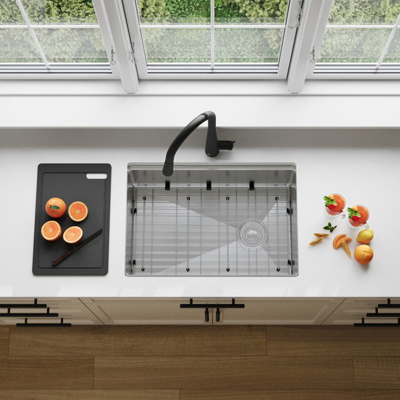 Évier de cuisine encastré à simple cuve en acier inoxydable 27 pouces avec accessoires noirs