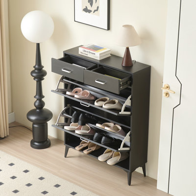 Shoe Cabinet,Free Standing Tipping Bucket Shoe Rack Organizer With 2 Flip Drawers&2 Drawer