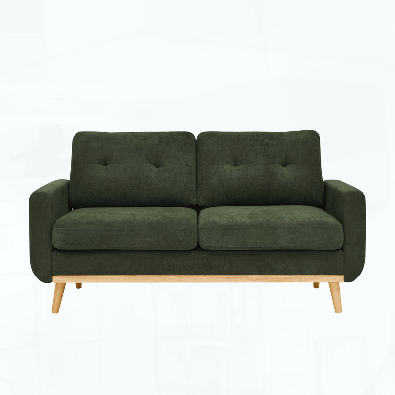 Causeuse capitonnée de style Mid-Century avec pieds en bois massif, Vert antique, Naturel