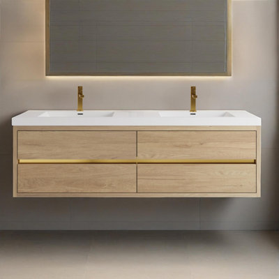 72" Wall-Mounted Bathroom Vanity with Sink, Floating Bathroom Storage Cabinet with Stone Resin Countertop and Soft Close Drawers, Fully Assembled Natural Oak
