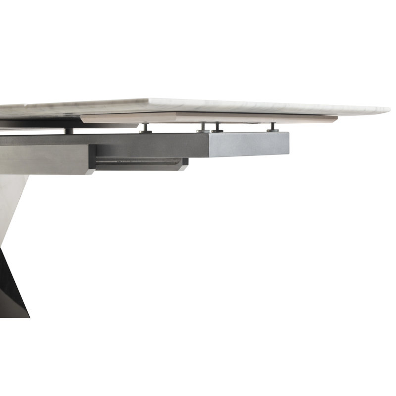 Azriela Extendable Marble Top Metal Base Dining Table, Light Silver