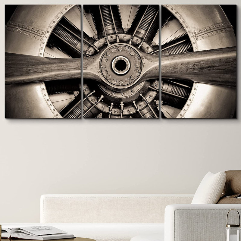 Gros plan d'un avion à hélice rétro - ensemble de 3 reproductions de photos sur toiles tendues, H 36 po x l 72 po