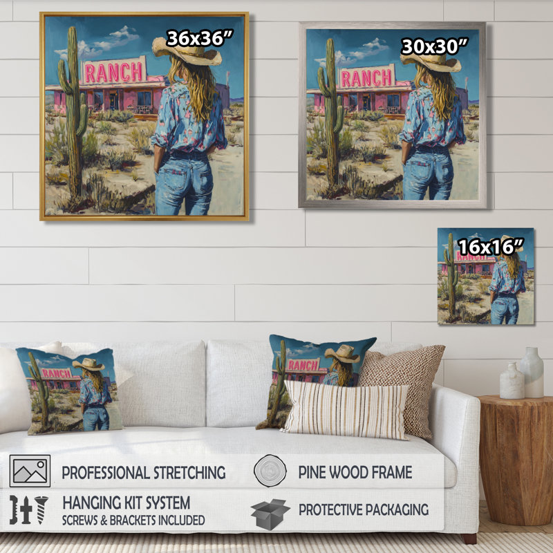 " Desert Ranch Cowgirl ", 36" H x 36" W, White Picture Framed