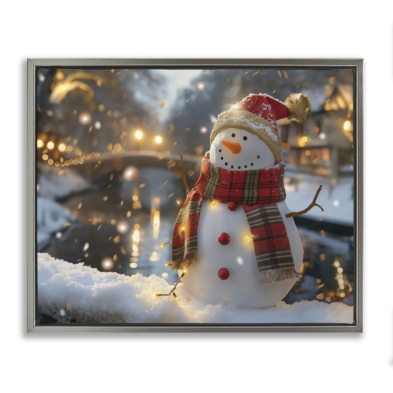 «Snowman Windy Winter Scene», art mural sur toile par Imagine It Images, H 25 po x l 31 po, Cadre flottant gris lustré