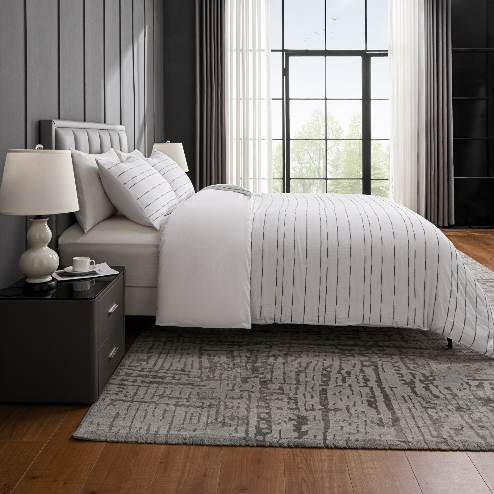 Zari Cotton Percale Duvet Cover Set, Queen Duvet Cover + 2 Shams, White/Green