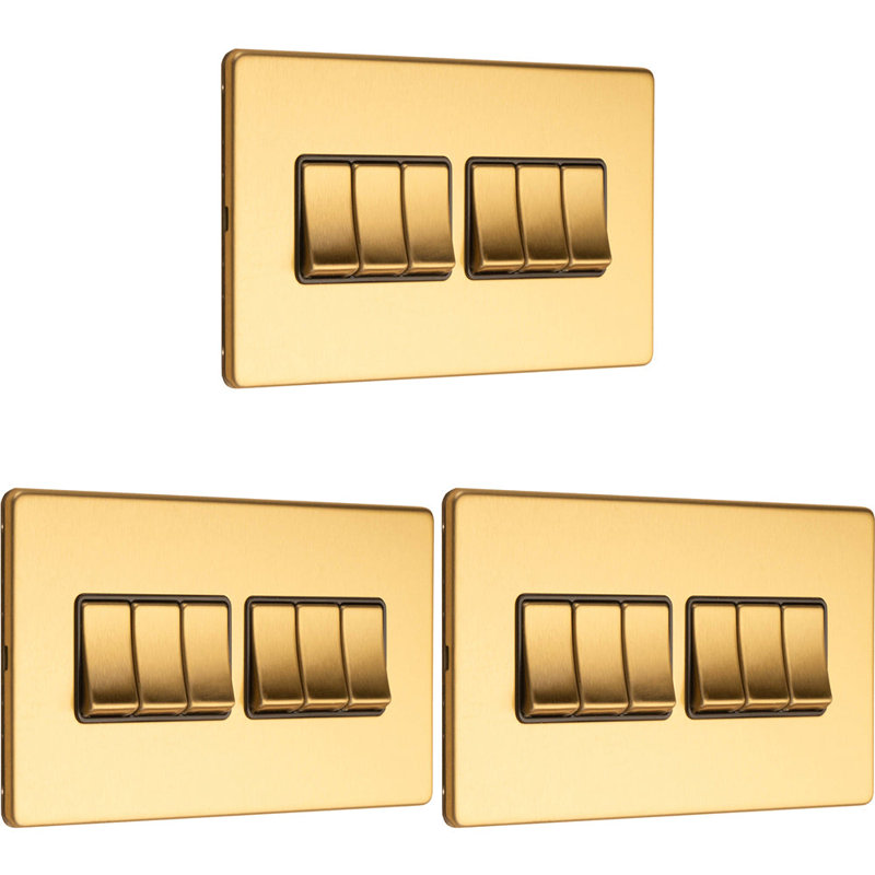3 PACK 6 Gang Multi Light Switch SCREWLESS ANTIQUE BRASS 2 Way 10A Slim Rocker, Brass, Gold