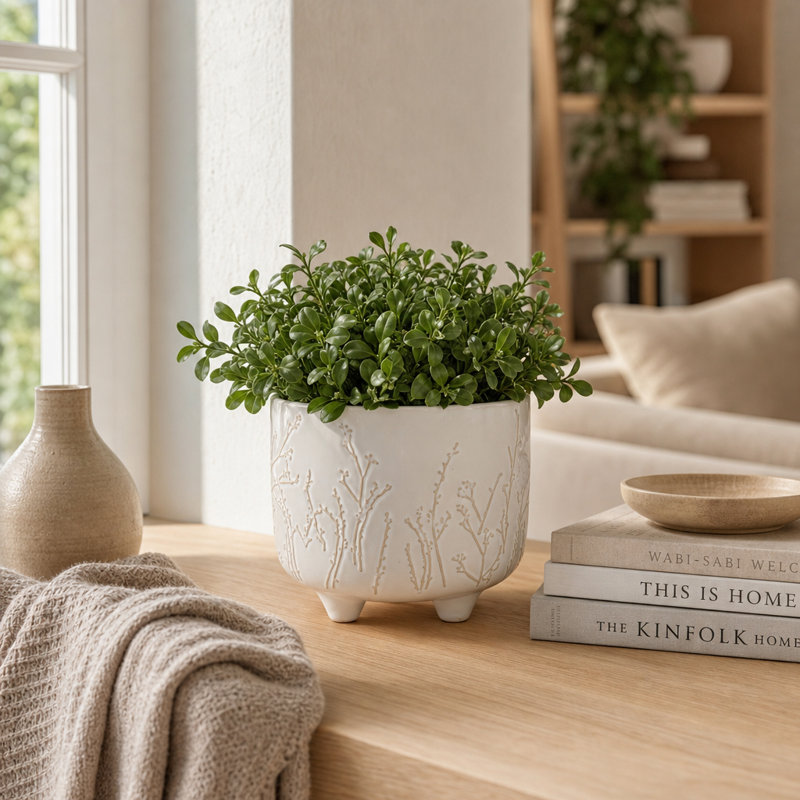 Embossed Botanical Round Footed Outdoor Planter for Home Decor - Elegant Indoor Flower Pots for Living Room Patio Accent - Ivory