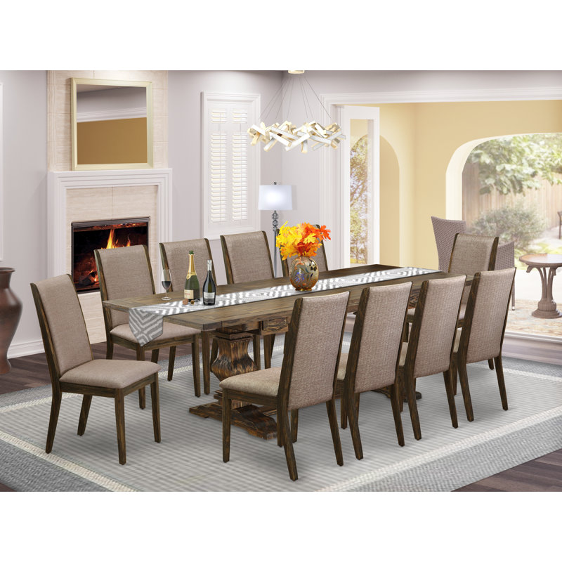 L'ensemble de salle à manger 11 pièces comprend une table de salle à manger rectangulaire avec rallonge amovible et 10 chaises de salle à manger Parson en tissu kaki foncé