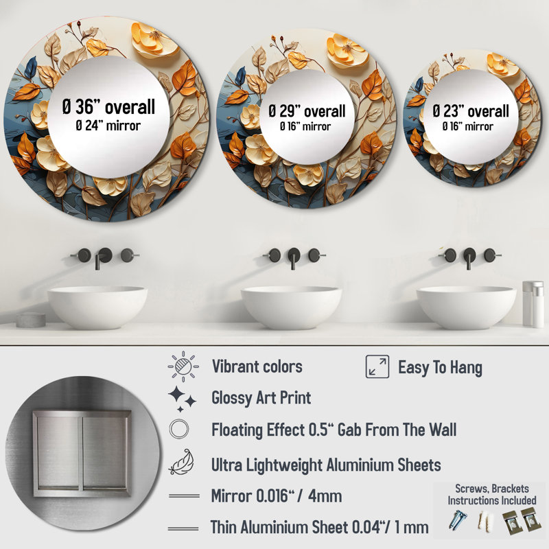 Ribaldo Gold And Orange Leaves In The Breeze - Leaves Wall Mirror, Gold Round Decorative Mirror, Printed Metal Art, 29" x 29"