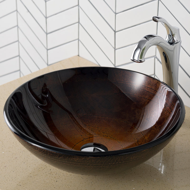 Glass Circular Vessel Bathroom Sink with Faucet, Chrome