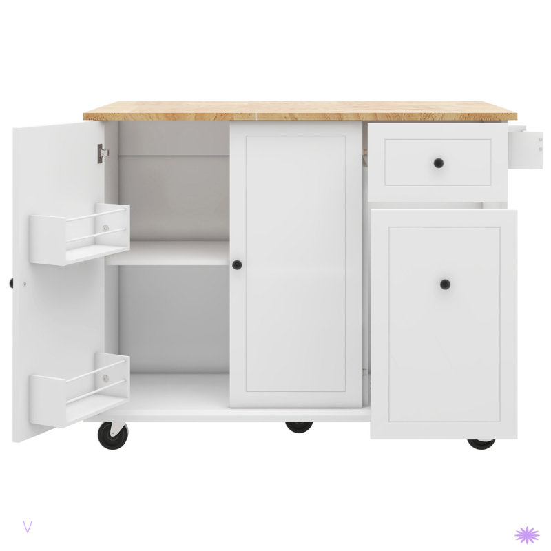 Îlot de cuisine avec abattant, chariot de cuisine sur roulettes de 53,9 po de largeur, Blanc