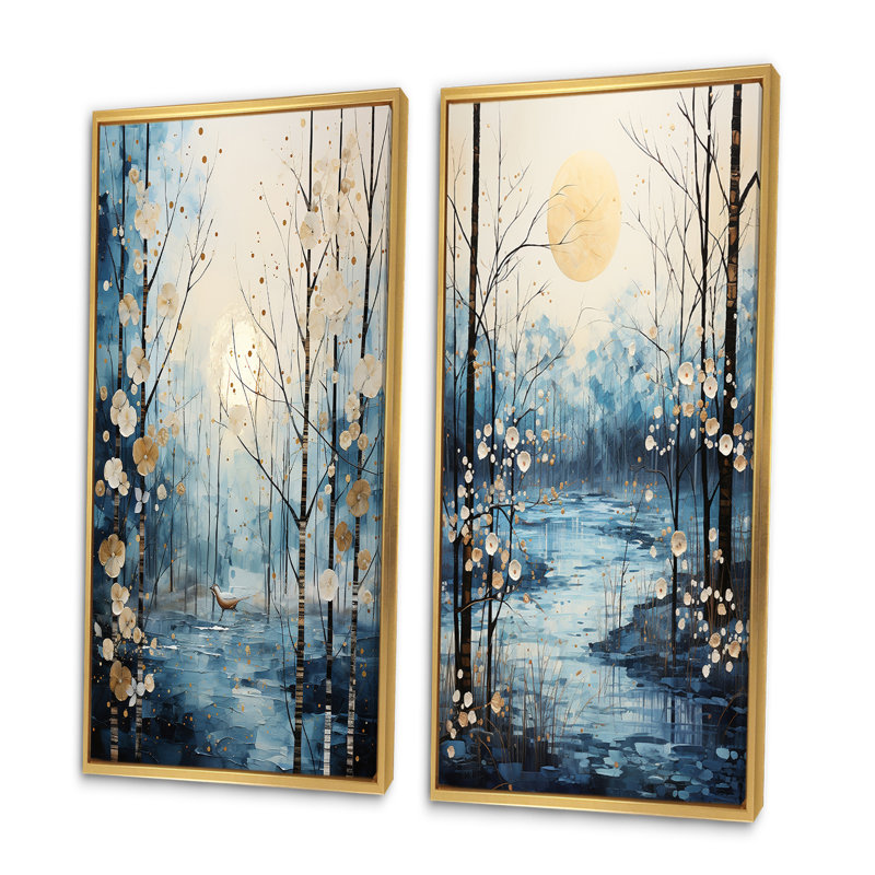 Birch Woods Winter Moonrise - ensemble de 2 reproductions, Encadrement doré, H 32 po x l 32 po