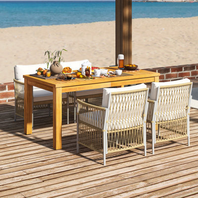 Patio 5-Piece  Wooden Dining Table Set In Natural  Outdoor 67''L Rectangular Table | 6 Hand-Woven Rattan Chairs For Poolside, Backyard, Garden｜Wide Cushion & Pillow Durable Comfort & Support