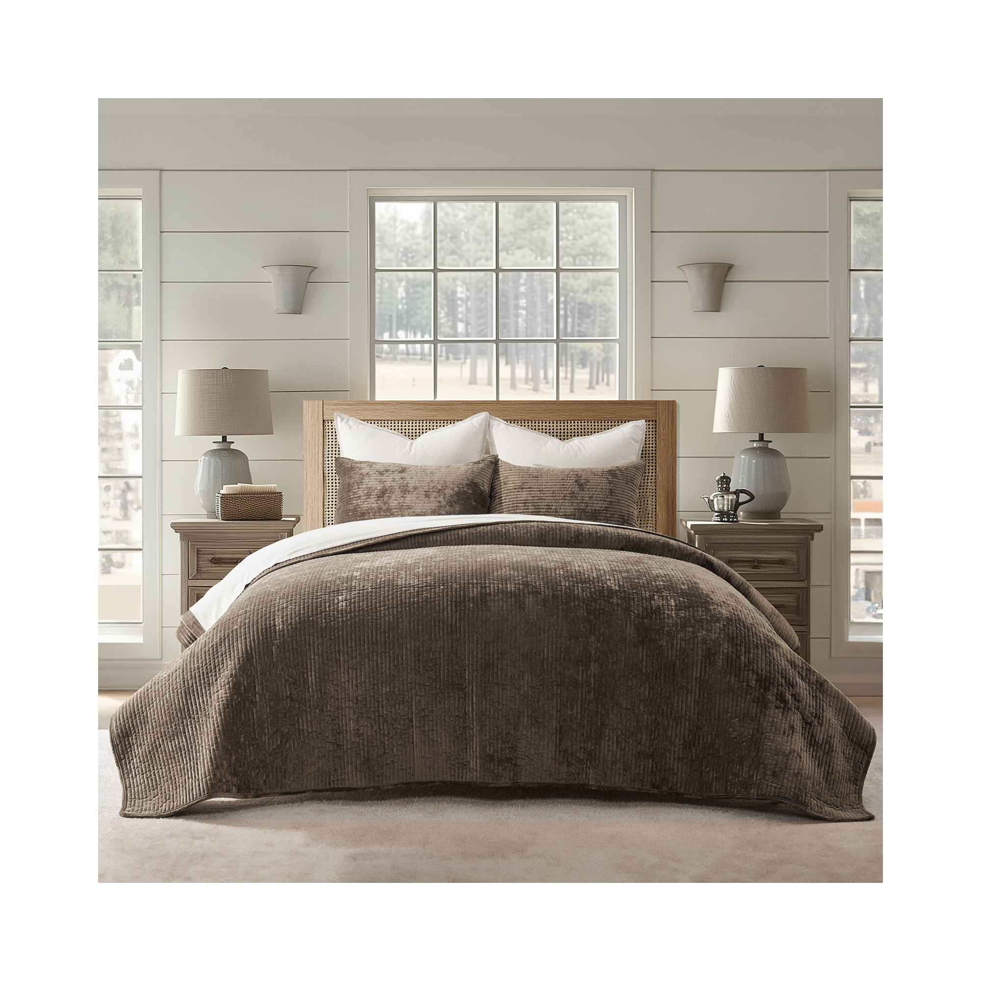 Striped Channel Velvet Quilt Set, King, Mushroom Brown