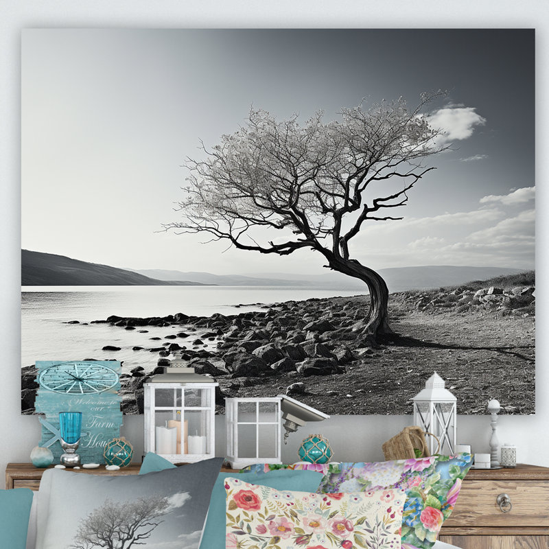 Magnifique arbre en noir et blanc, photographie de lac - art mural lac, Toile tendue, H 24 po x l 32 po x P 1 po
