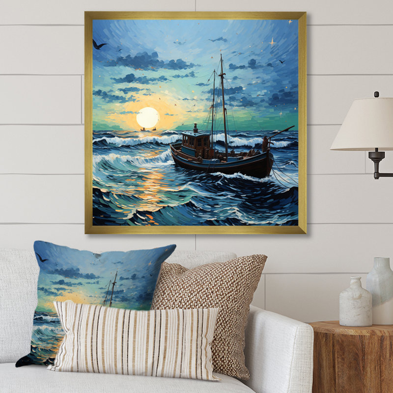 Vangogh paysage marin avec pêche II, H 16 po x l 16 po x P 1 po, Cadre doré à une seule photo