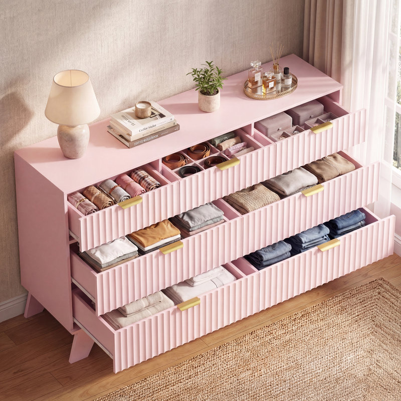 Commode cannelée à 7 tiroirs pour chambre à coucher, meuble télé 47 po avec pieds réglables et poignée en métal, Rose