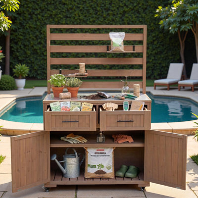 Grand chariot de barbecue pour îlot de cuisine avec plateau en acier inoxydable, petites tablettes mobiles, 2 tiroirs et armoire
