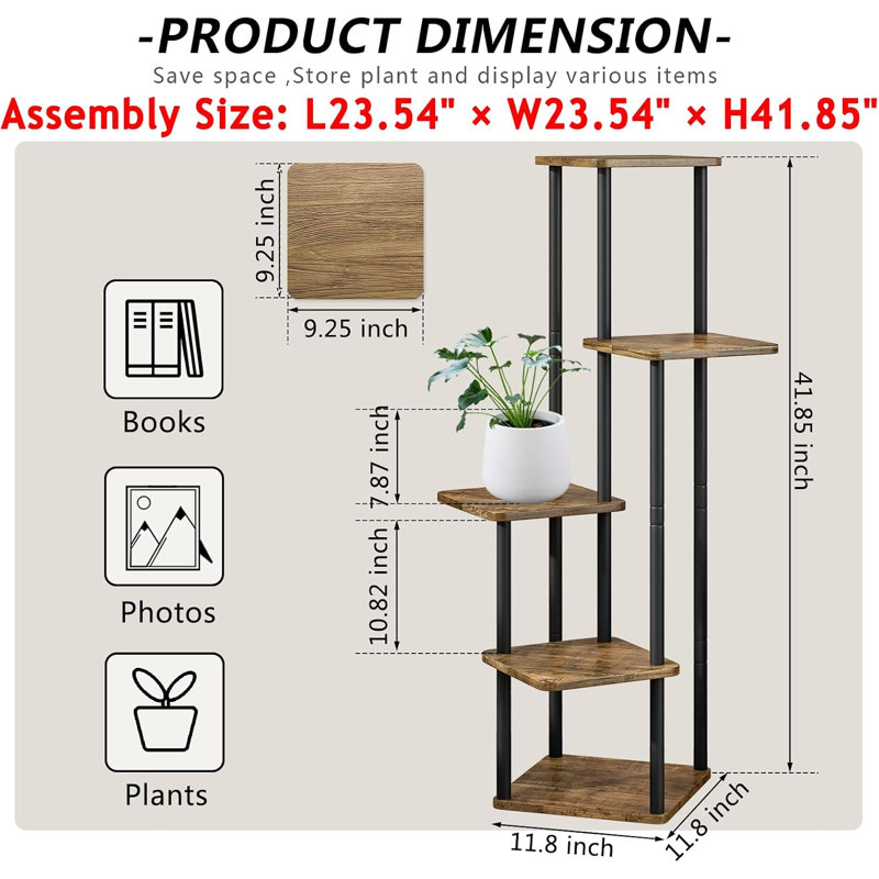 5 Tier Tall Plant Stand Indoor Corner Tiered Shelf, Sturdy Metal Frame,Space-saving Tiered Design Display Multiple Plants, Black and Rustic Brown