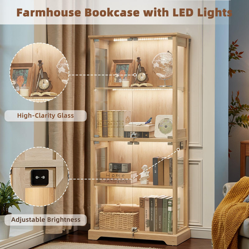 Farmhouse Display Cabinet with Glass Doors, Curio Cabinet with 3-Color LED Motion-Sensor Light (Natural Wood), Natural
