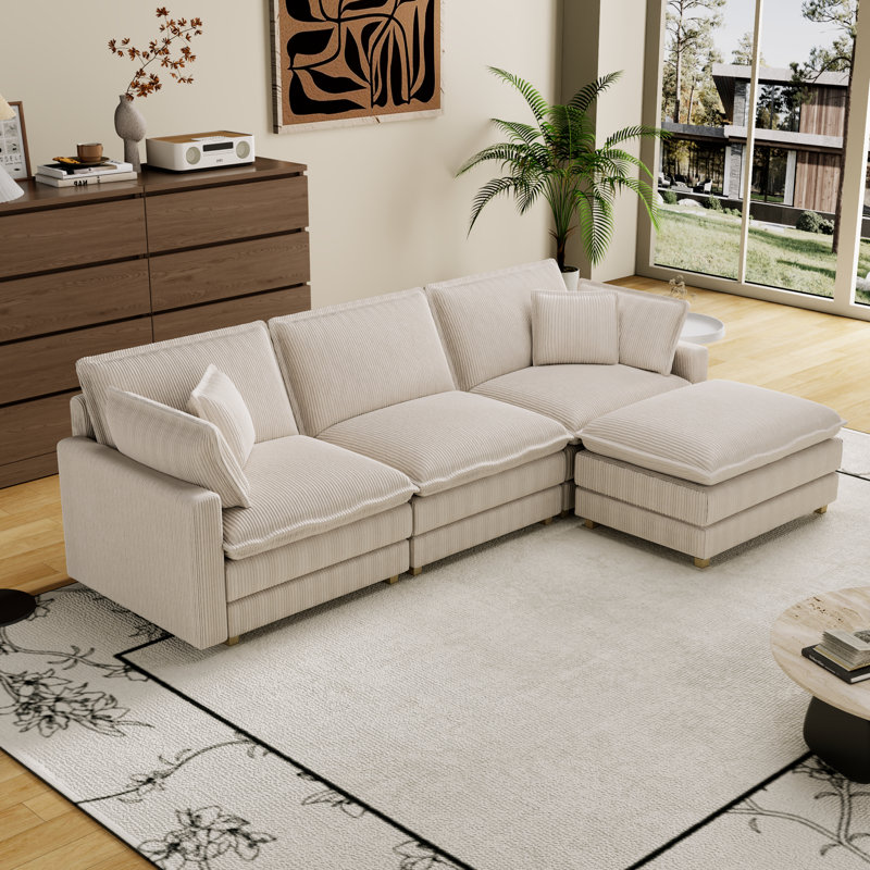 Canapé modulaire beige à assise profonde avec 4 coussins en forme de L pour le salon, la chambre à coucher, un appartement, un bureau
