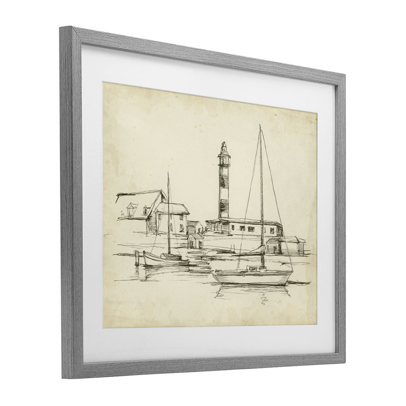 Étude de phare antique, reproduction sous verre encadrée, conception par Ethan Harper, Cadre de ferme gris, H 13 po x l 16 po
