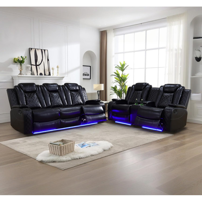 2 Pieces Power Reclining Breathing Faux Leather With Led Light Living Room Set (Set of 2), Black