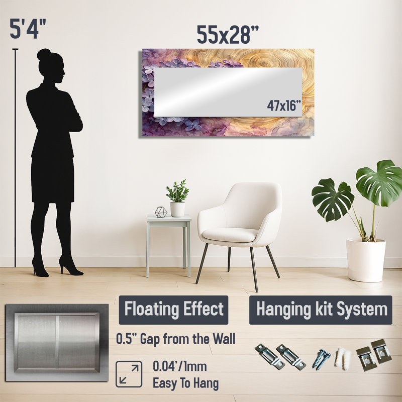 Lilas fleurs sur un plateau en bois - miroir floral pour décoration murale - imprimé sur métal, 28" x 55"