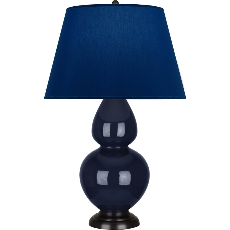 Lampe de table double gourde en céramique, Bleu minuit émaillé / bronze, Bleu marine/gris, Bronze