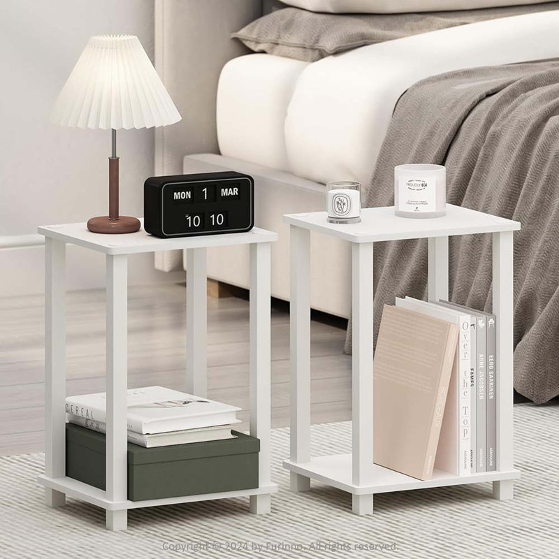 Compact Bedside Table, Nightstand, White/White, Set Of 2