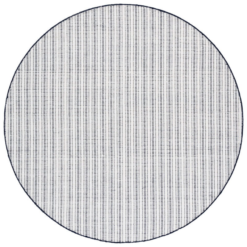 909 Hand Woven Cotton/Wool Striped Rug , Round 6', Navy/Ivory