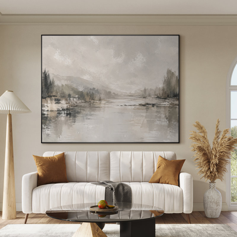 Très grand art mural imprimé sur toile - Paysage de lac gris brumeux, décor de chambre minimaliste - "Assemblage requis (cadre non fini)"