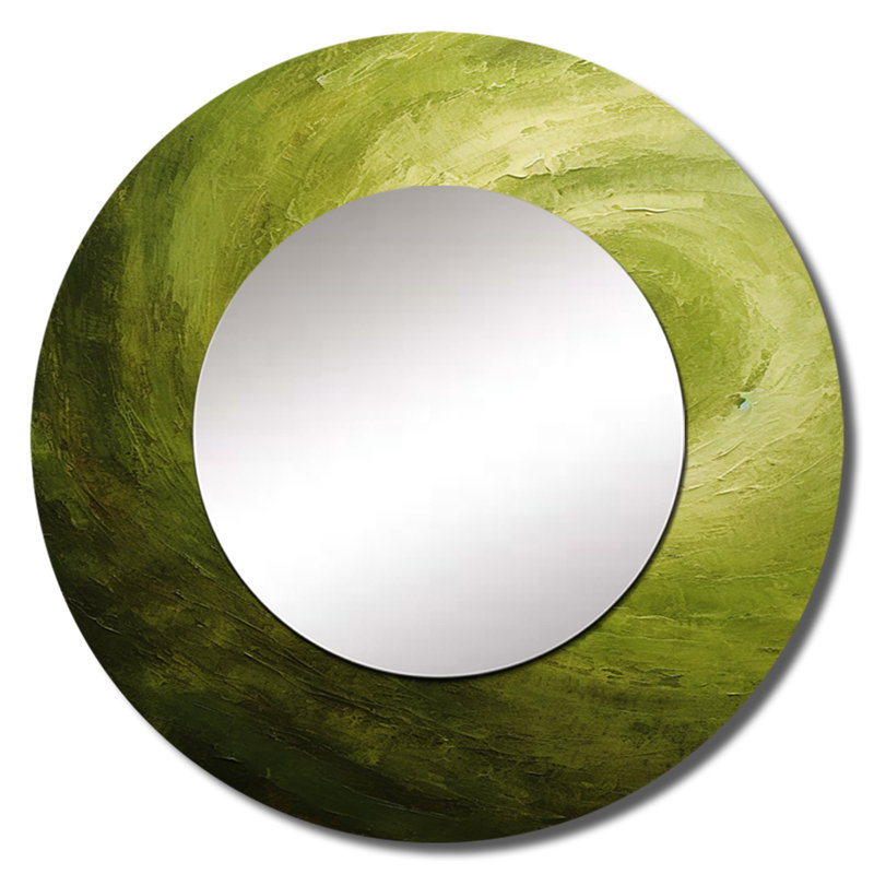 Green Orbit Spiral I - Abstract Spirals Decorative Wall Mirror, Modern Round Mirror, Printed Metal Art, 36" x 36"
