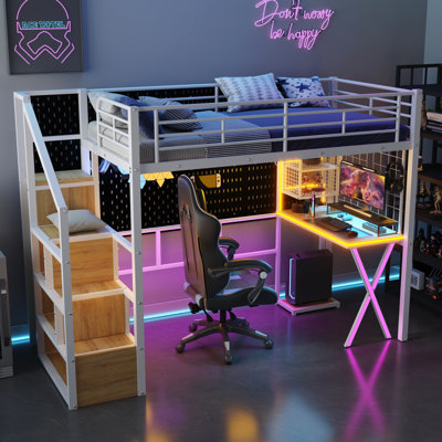 Lit mezzanine simple en métal avec poste de travail intégré, garde-robe, escalier de rangement et DEL, blanc
