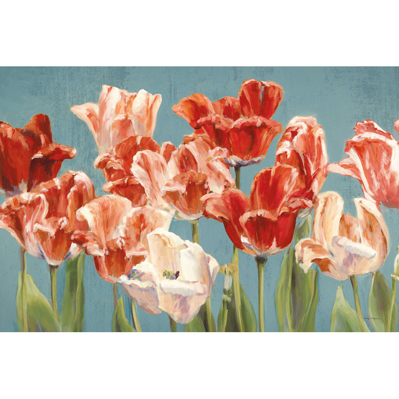 Tulipes cramoisies sur fond bleu, H 12 po x l 18 po
