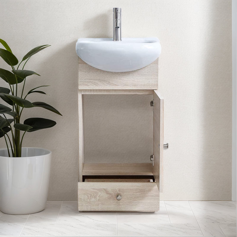 18" Mini Single Bathroom Vanity With Ceramic Top, Yellow Wood Grain