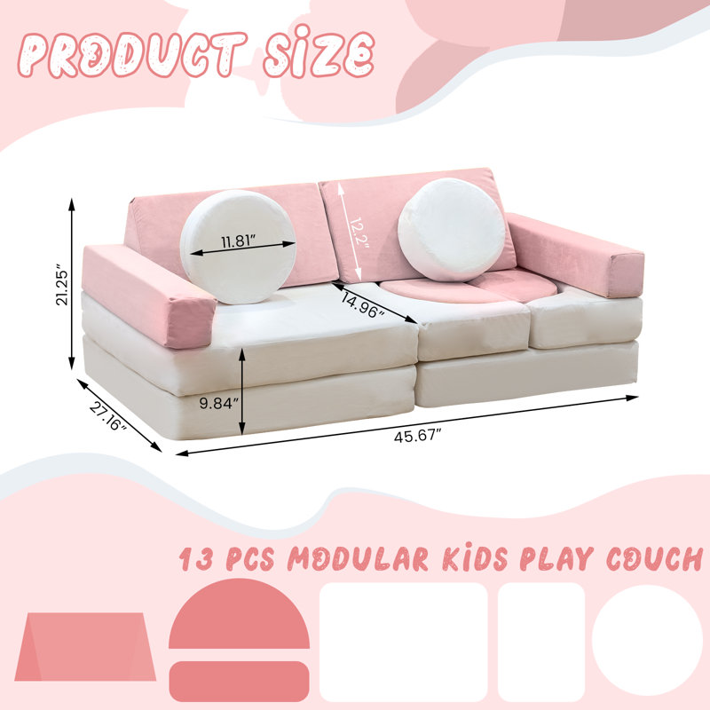 13PCS Modular Kids Play Couch, Toddler Couch With Washable Velvet Cover For Playroom, Sectional Toddler Play Sofa For Developing Imagination, Convertible Foam Climbing Sofa