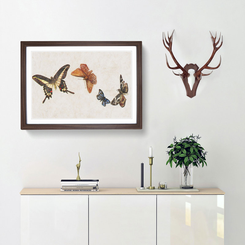 Four Butterflies by Fujishima Takeji - Framed Print, 36cm H x 48cm W x 2cm D, Walnut Framed