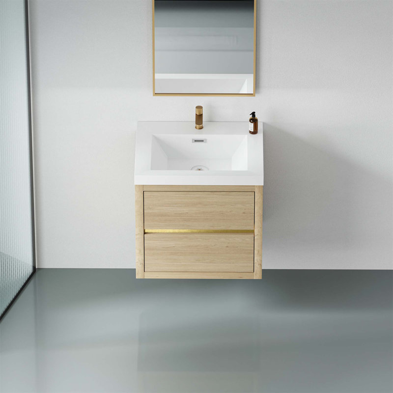 Meuble-lavabo mural 24 po avec lavabo, meuble de rangement flottant pour salle de bain avec comptoir en résine de pierre et tiroirs à fermeture en douceur