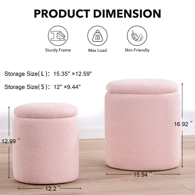 Round Ottoman With Storage Set Of 2, Pink Teddy