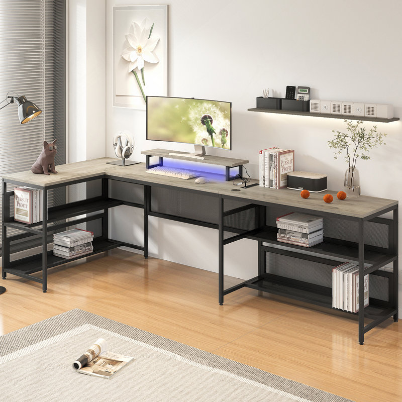 Bureau en U avec étagères et lumières DEL