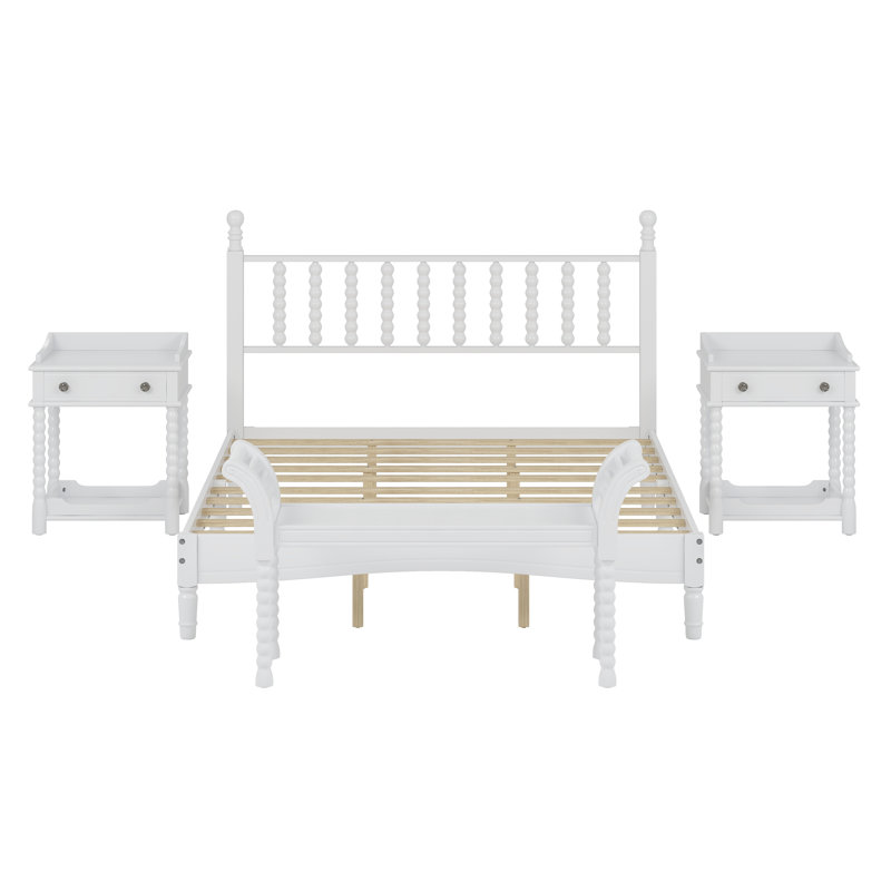 Ensemble de chambre à coucher de style rétro 4 pièces, grand lit plateforme avec tête de lit en forme de gourde, table de chevet et banc de rangement avec pieds tournés, blanc