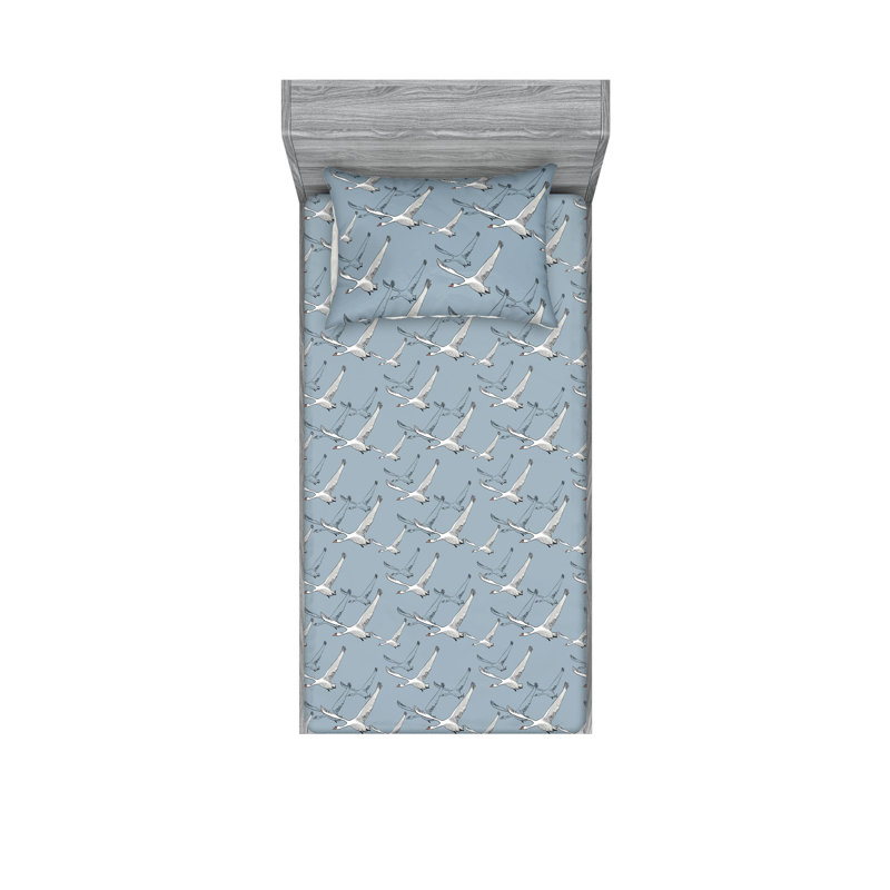 Motif de drap-housse et grue décorative Ambesonne blanc et bleu gris, Ensemble de draps pour lit simple avec 1 taie d'or