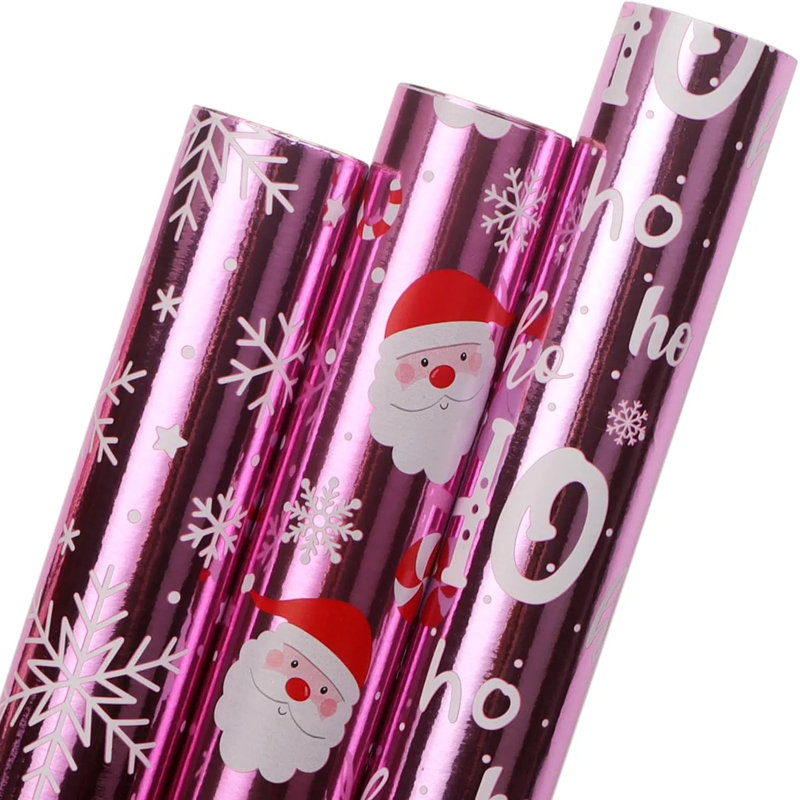Mini papier d'emballage de Noël à 3 rouleaux - Père Noël et flocons de neige rose métallique de 17 pouces x 10 pieds, emballage cadeau pour les petites boîtes