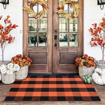 Orange And Black Plaid Rug, 28'' X 43'' Fall Outdoor Front Door Decor Mat, Cotton Washable Hand-Woven Rug For Layered Doormat, Autumn Halloween Thanksgiving Carpet For Porch, Entryway