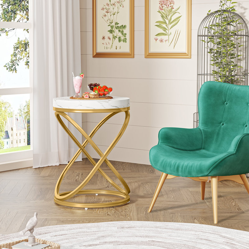 Table de bout ronde avec cadre en métal élégant de 1,96 po pour salon, Plateau blanc / finition dorée