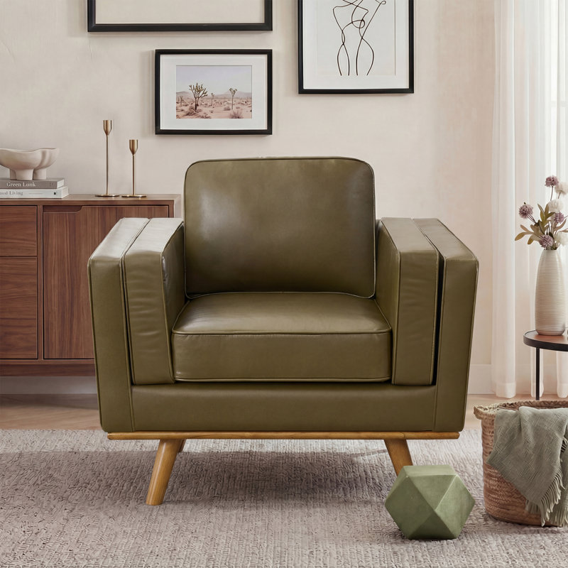 Inayat 22.3''W Leather Armchair With Solid Wood Legs, Green