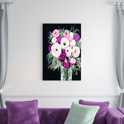 Bouquet rose sur fond bleu marine - peinture sur toile tendue