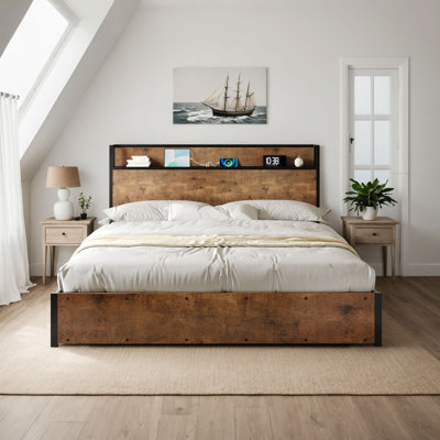 Tryston Lift Up Storage King Bed Frame & Charging Station, Rustic Brown