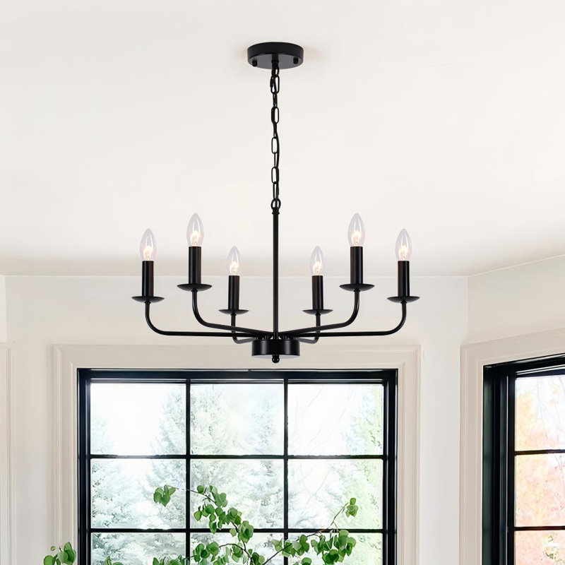 6-Light Modern Black Iron Candlestick Chandelier, Dimmable & Adjustable, for Living Room & Foyer